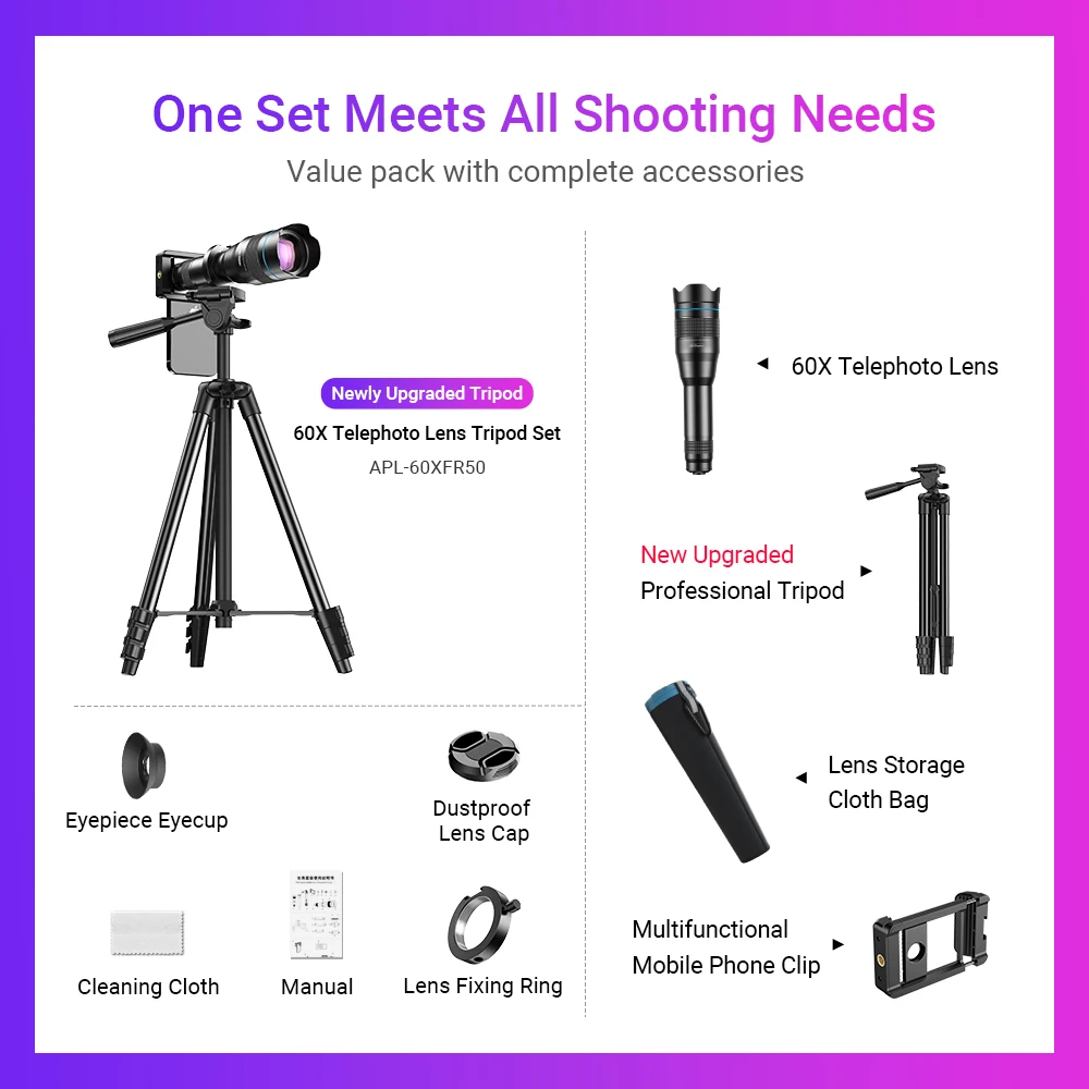 APEXEL 60X Telephoto Phone Lens Metal Monocular LongRange with Tripod for Iphone13/14 ProMax Outdoor Mobile Telescope Spot Scope