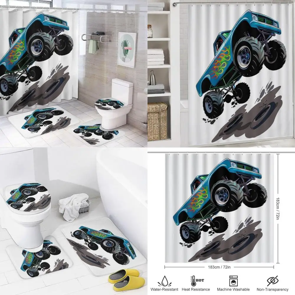 

vintage race car bathroom accessory set: shower curtain & rugs, country-style monster truck shower curtain with matching rugs an