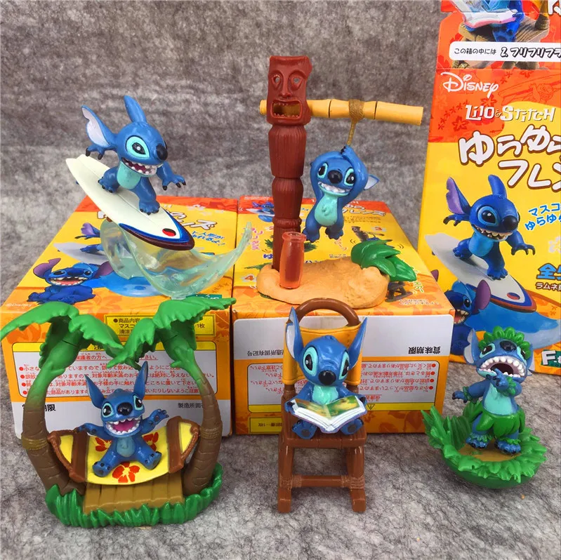 Figurines d'action de dessin animé Disney Stitch, modèle de surf de plage d'été, ornements de phare, jouet de plage, statue AMP, cadeaux, ensemble de 5 pièces