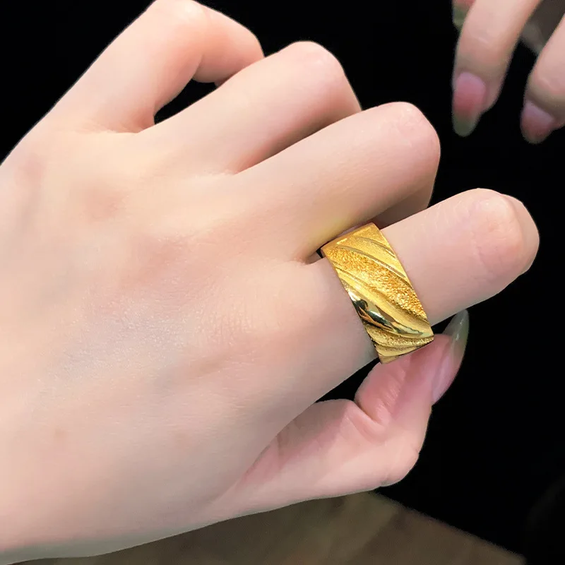 9999 Gold Wavy Textured Ring with Open Back, Wide Band Finger Ring with Classic Handcrafted Elegance