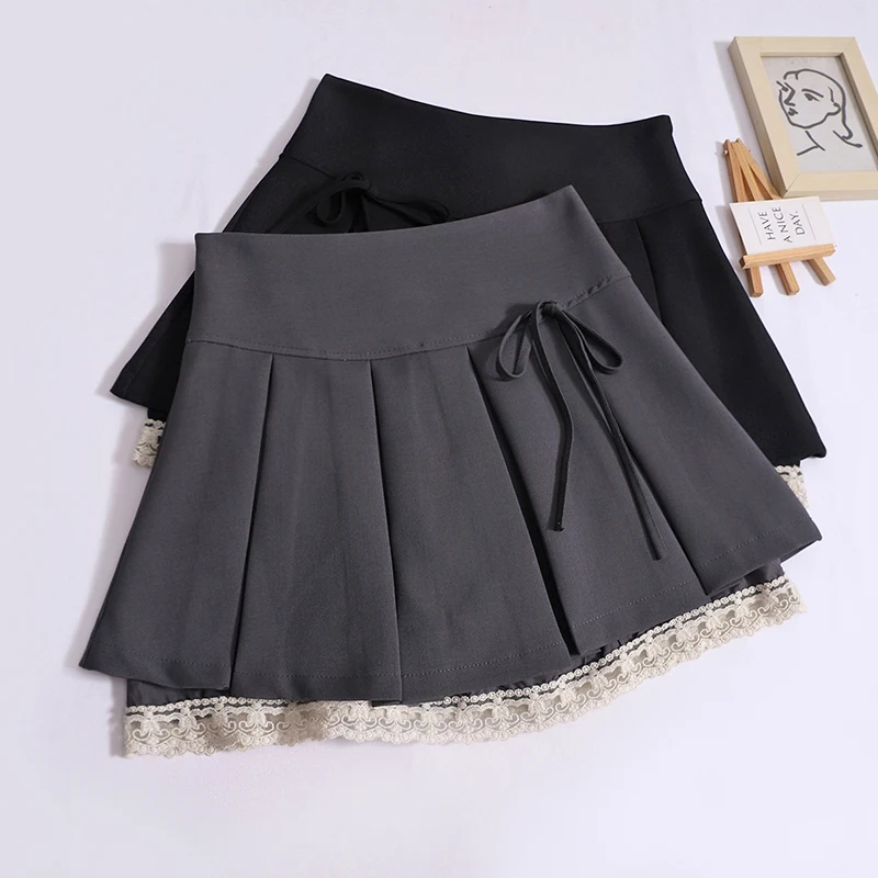

ITOOLIN Women Chic Lace Patchwork Mini Skirts High Waist Summer Thin Office A-line Skirts Sweet Preppy Women Pleated Skirts 2024