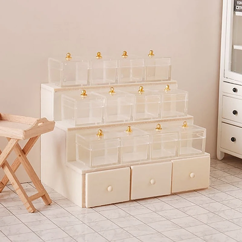Doll House Accessories 1:12 Dollhouse Miniature Display Rack Candy Box Drawer Cabinet W/Clear Box Furniture Model Decor Toy