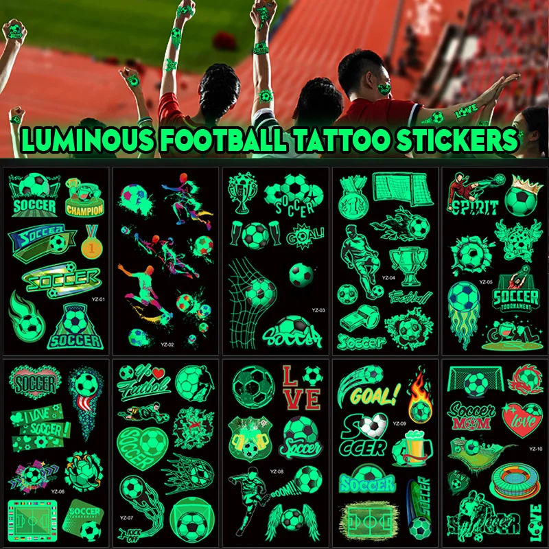 10sheets Luminous Football Tattoo Stickers For Kids Arms Glow In The Dark Waterproof Temporary Tattoos For Soccer Birthday Party