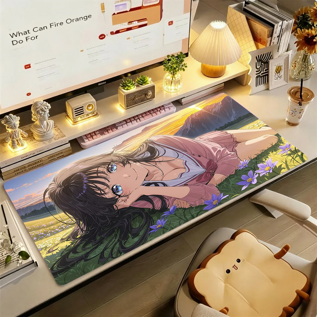 Gaming Mouse Pad, Large Desk Mat, Anti-slip, Stitched Edges, Scenery Anime Girl, Sunset Field Print, Waterproof Mat for Home Use