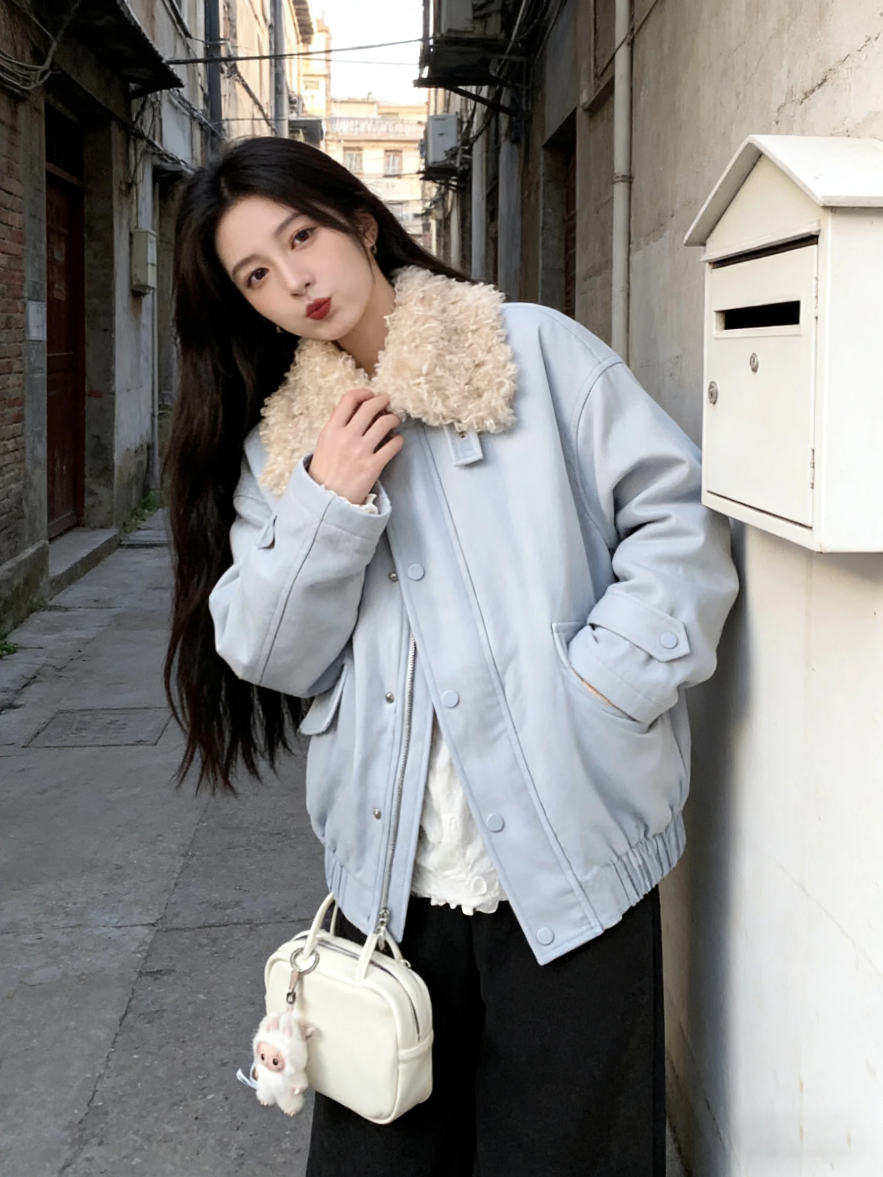 Blue Removable Fur Collar Workwear Jaet Women's Versatile High-End Feel Small Jaet Warm Cotton Clothes Winter Coat