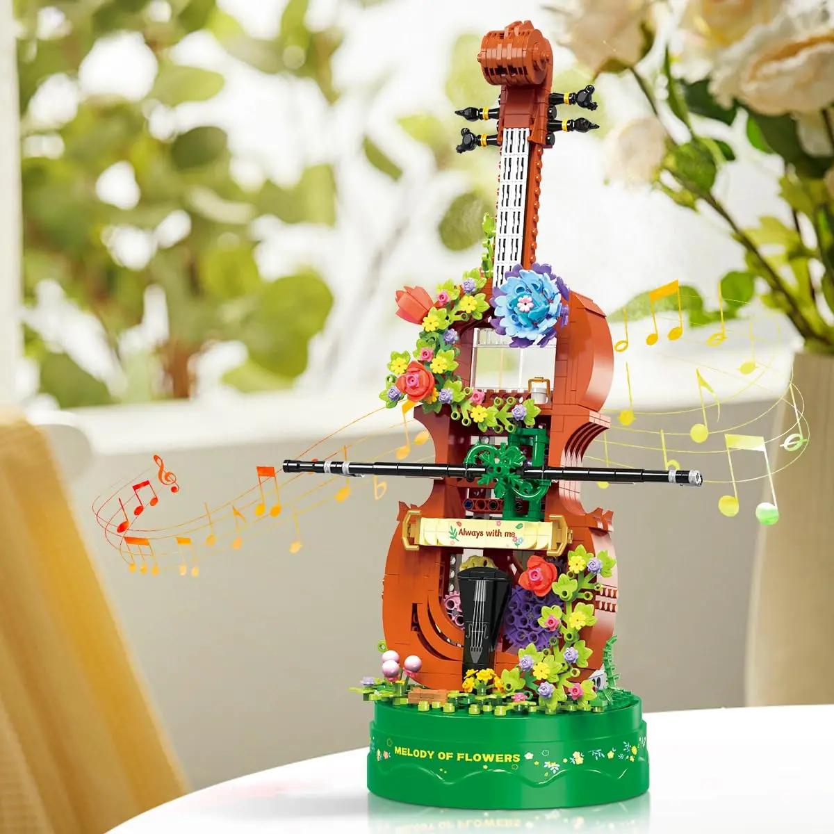 Ensemble de construction de boîte à musique violon à fleurs avec bouquet LED, décor de système conduit par engrenage, cadeau créatif pour femme, enfants de 6 ans et plus