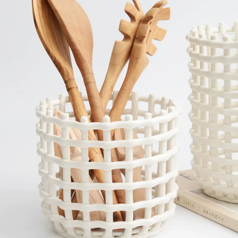 Woven Ceramic Storage Basket, Household Storage Tool, Hollowed Out Fruit Tray, Bathroom Storage Rack, Kitchen Drainage Basket