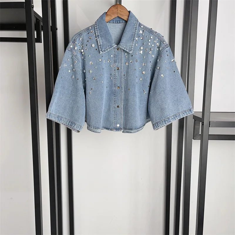 

Spring Summer Denim Blue Ne ort Sve Top with Diamond Decoration Active Set Cotton Fabric Women's Faion Ensemble
