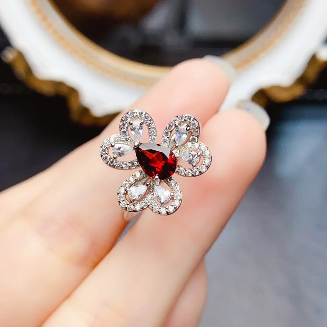 FS New 5*7mm Natural Garnet Fashion Flower Ring for Women Real S925 Sterling Silver Charm Weddings Fine Party Jewelry MeiBaPJ