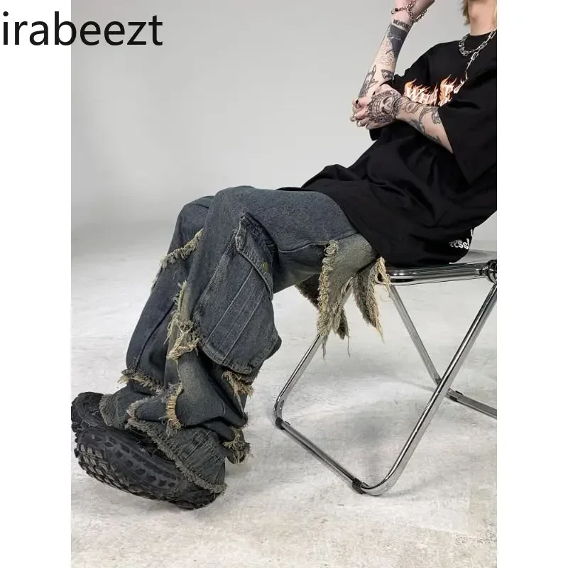 Irabeezt Casual Pants Set Retro High Street Big Pocket Old Washed Jeans Korean Style Summer Couple Cargo Trousers Y2k Clothes