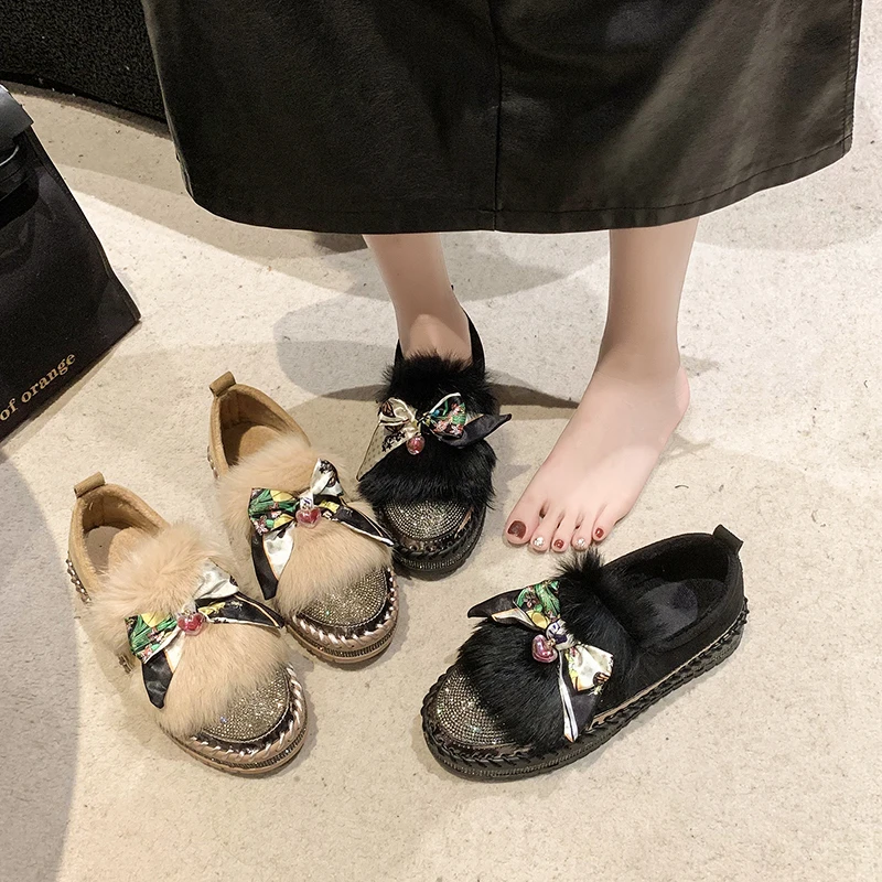 New Women Shining Rhinestone Loafers Bowknot Slip-on Thick Botton Casual Ladies Crystal Shoes Female Platform Sneakers Sports