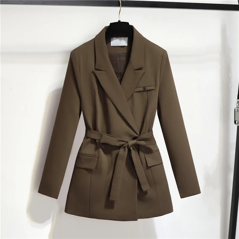 SuperAen Spring New Korean Style Belt Waist Suits Women Vintage Solid Color Oversize Casual Tailored Coat