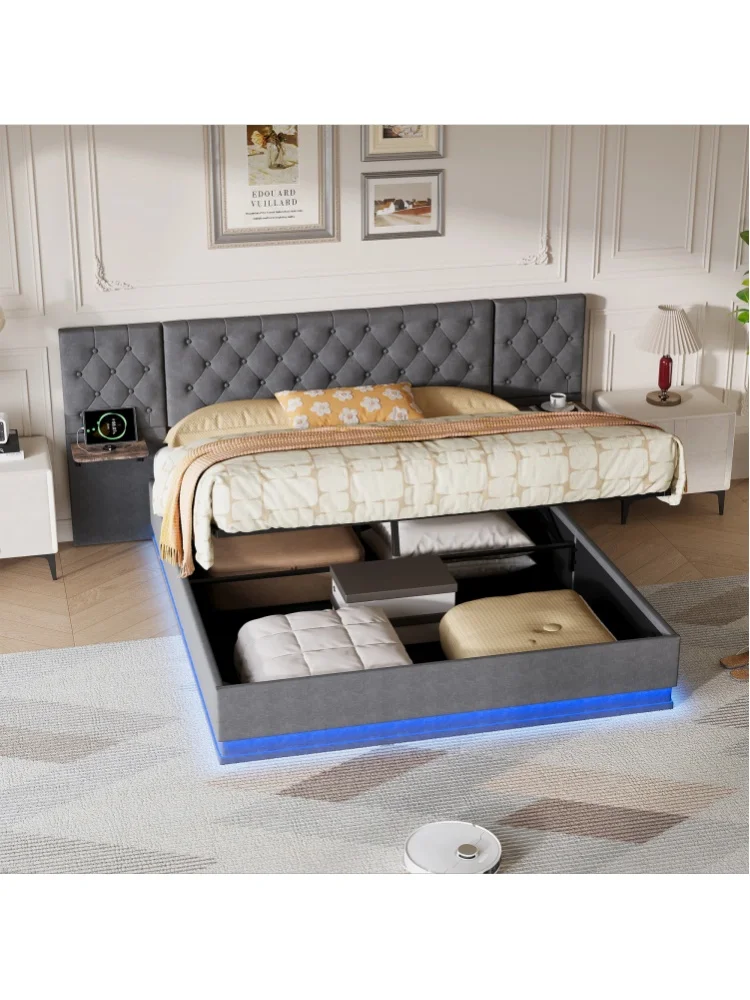 Rosahqnda Polsterbett 140x200 / 160x200cm mit LED und 2 schwebenden Seitenregalen mit kabellosem & USB-C-Ladekopfteil, Doppelbett mit hydraulischem Stauraum und Metallrahmen, Beige / Grau, ohne