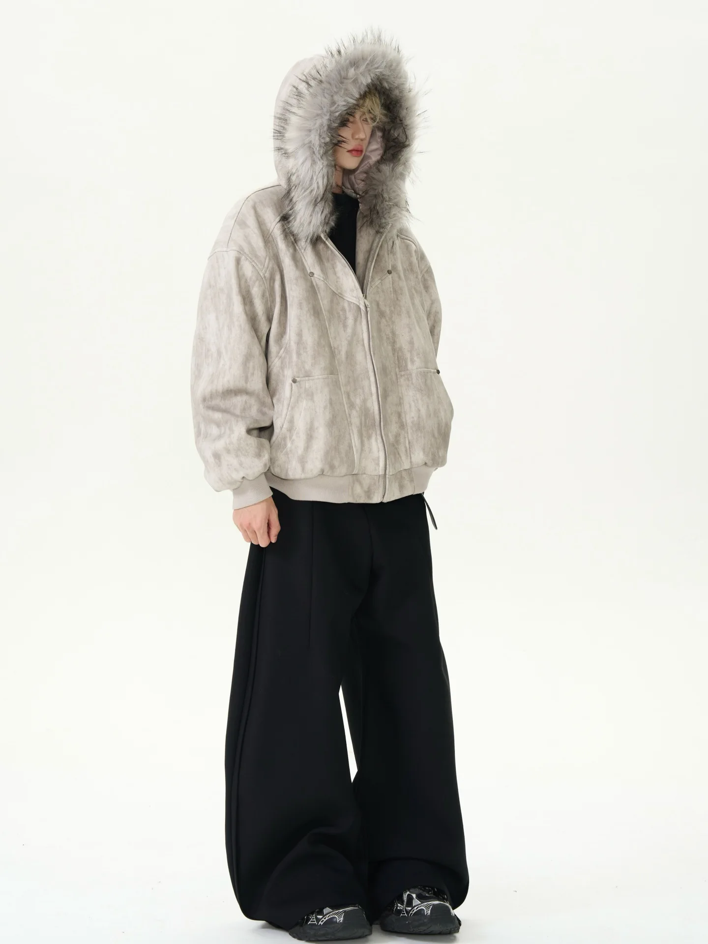 Casual High Street Harajuku Punk Y2K Fashion Vintage Fur Collar Zip Sweatshirt 2025 Hip Hop Rock Wide Hoodie Men's Couple Jacket