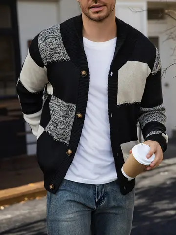 Men's Autumn and Winter Cardigan Sweater, Black-White-Gray Plaid Color Block, Casual and Versatile Knitted Jacket