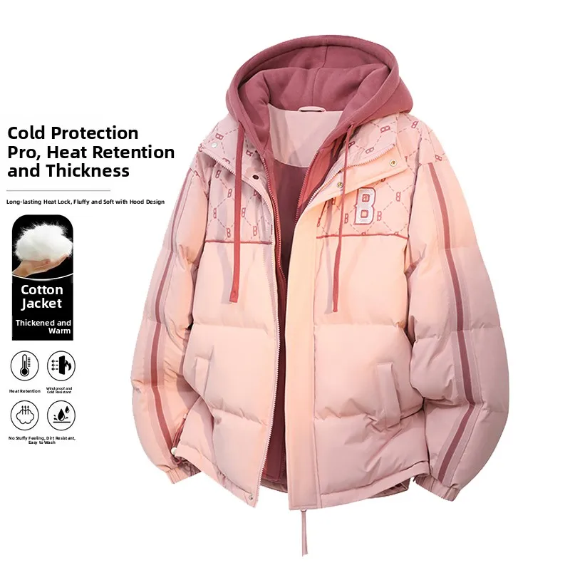 

Pink Thiened Hooded Cotton Jaet Women's Winter Warm Loing Temperature Couple's Cotton Coat Youth Faion Stand Fit