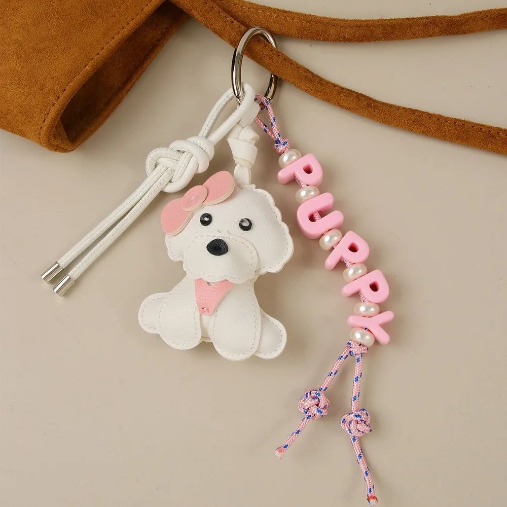Dog Bag Charm White Puppy Keychain With Pink Bow Beaded Letter Strap Handbag Purse Backpack Charm Accessory Gift For Dog Lovers