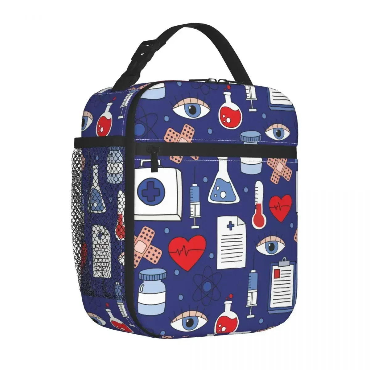 Medical Icons Heartbeat Doodle Pattern Insulated Lunch Bag Lunch Container Cooler Bag Tote Lunch Box College Picnic Bento Pouch