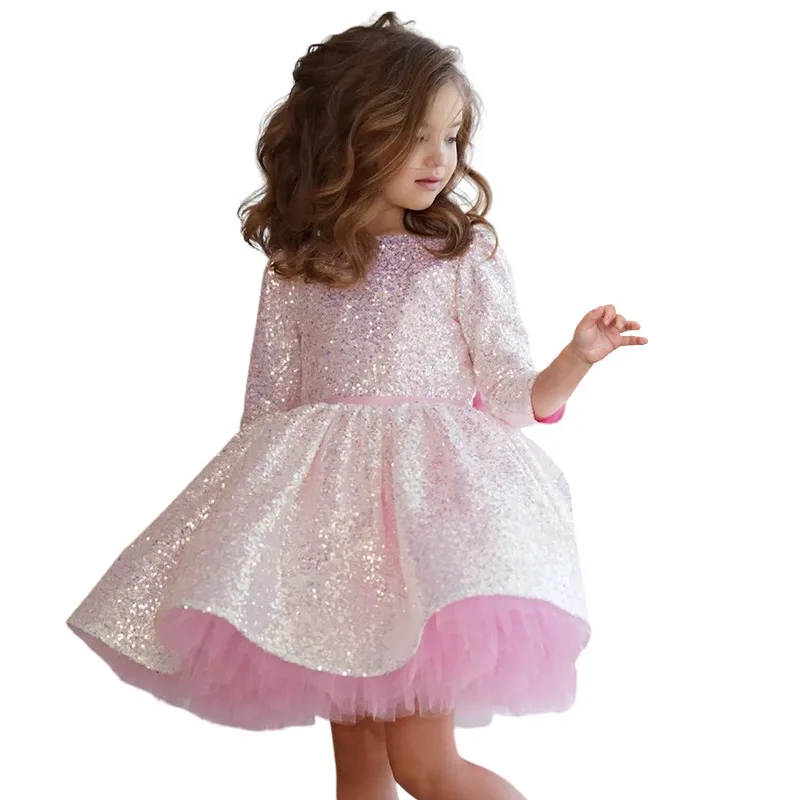 فستان رسمي لعيد الميلاد للأطفال - فستان الأميرة الأنيق من التول بأكمام طويلة مع ترتر وردي أحمر الخدود مع فيونكة