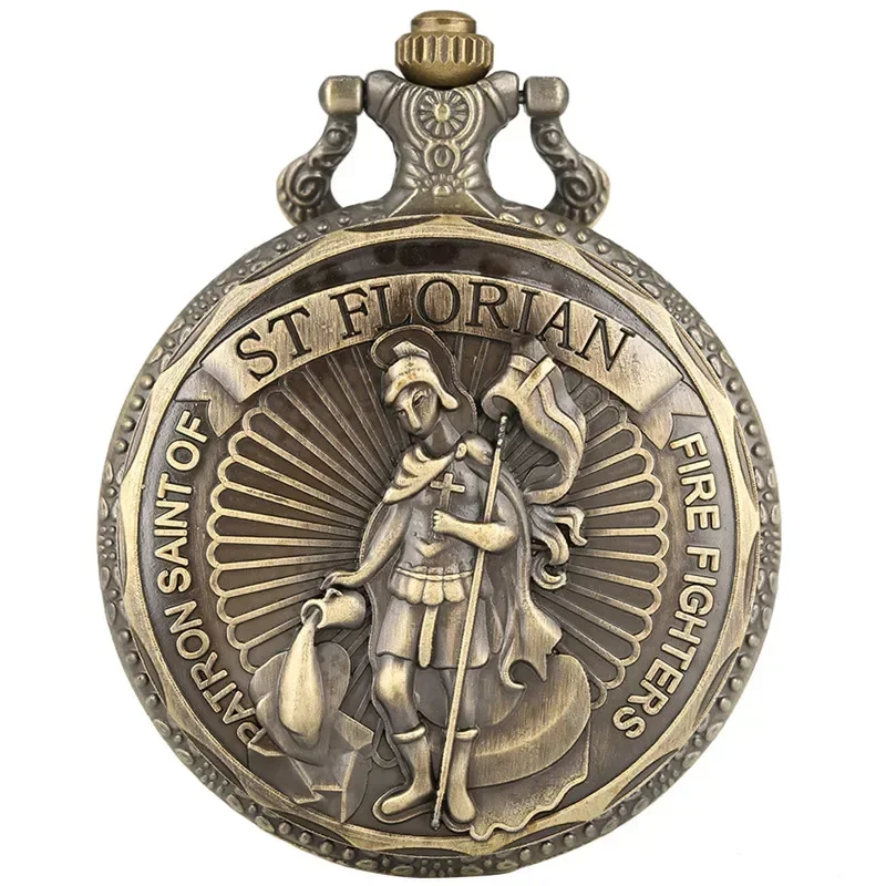 Steampunk Saint Florian Patron Saint of Fire Fighters Design Antique Quartz Analog Pocket Watch Full Hunter Necklace Fob Chain
