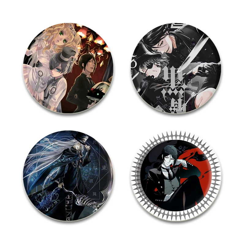 Broches d'insigne de majordome noir d'anime de bande dessinée pour le chapeau, épinglettes créatives, épingle de bouton ronde et douce, décoration, accessoire de cadeau, 32mm, 44mm, 58mm