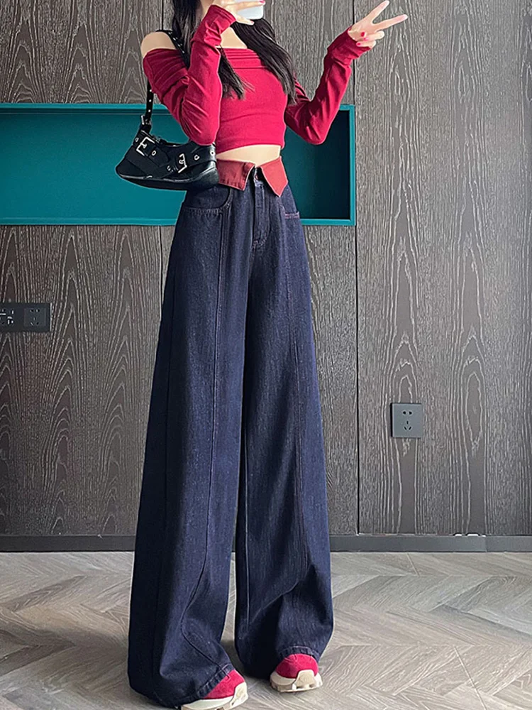 Pantalones vaqueros de pierna ancha de cintura alta para mujer, Vaqueros holgados de estilo americano para primavera y otoño, Pantalones rectos adelgazantes hasta el suelo de talla pequeña