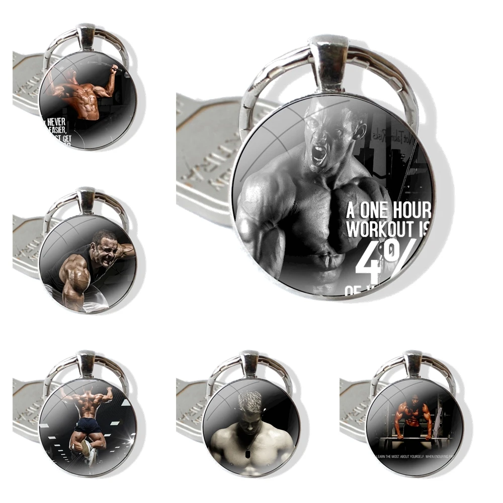 Bodybuilding Gym Fitness muscles Keychain Handmade Glass Cabochon Key Ring Holder Pendant Key Chains