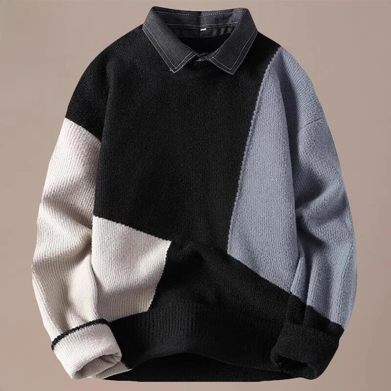 

Men's Knitted Sweater Fake Two-Piece Color Blo Base Layer Winter New Sle Soft Loose Fit Long Sve irt