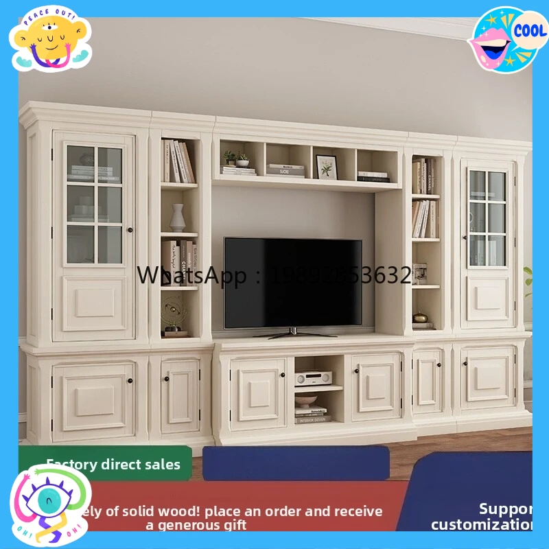 

American Style Solid Wood Villa Luxury Living Room Integrated TV Cabinet Background Wall High-End Customization