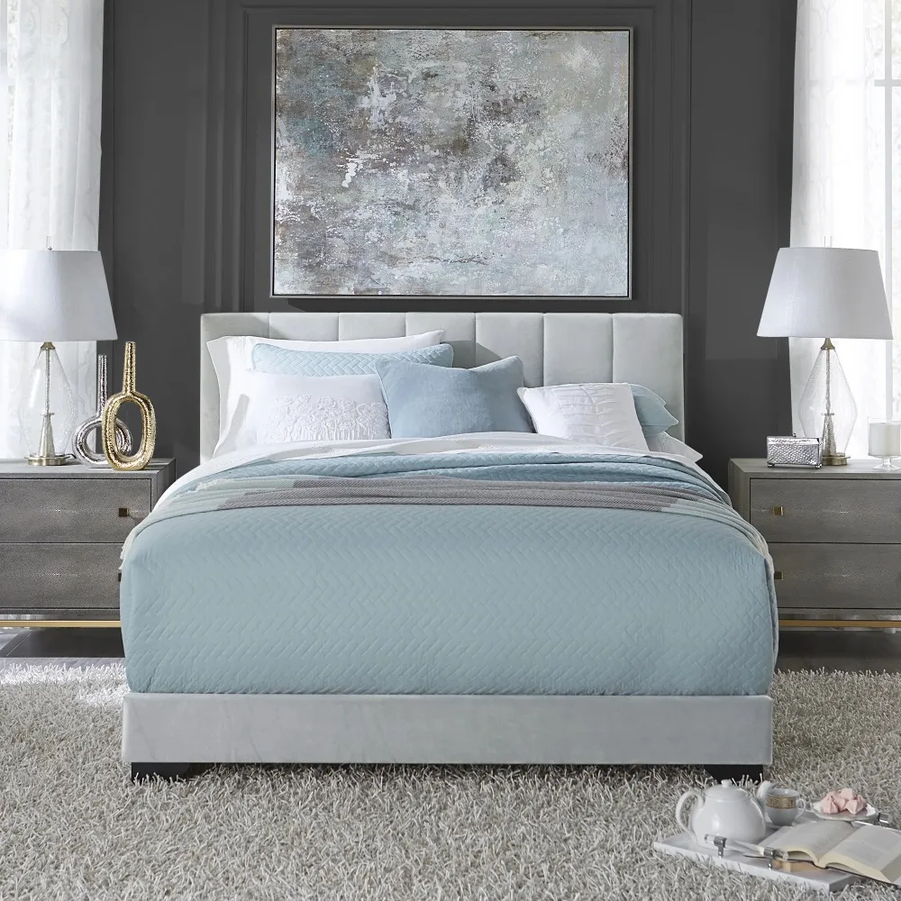 Cama de matrimonio tapizada, gris Platino, cosida, Canal Reece