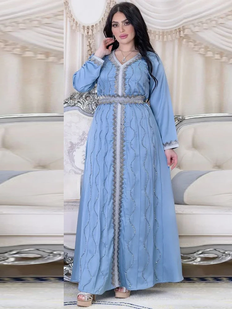 Morocco Muslim Dress Women Abaya Kaftans Diamond Evening Dresses for Women Dubai Turkey Islam Long Dress Robe Femme Vestidos