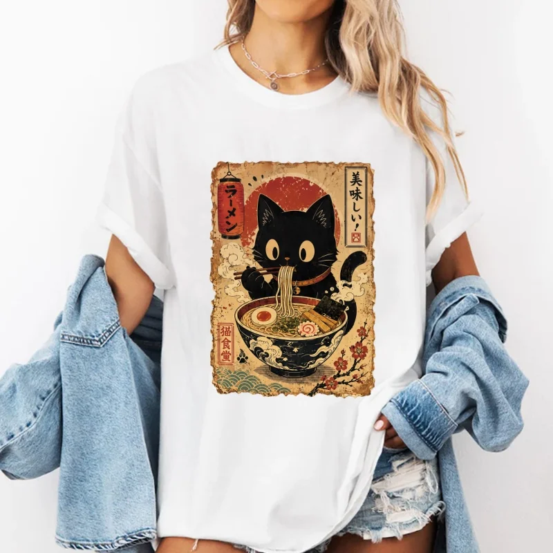 Ramen Cat T Shirt Black Cat Noodles Tee Japanese Food Tshirt Men Women Round Neck Print Fashion T-shirt Streetwear Clothes