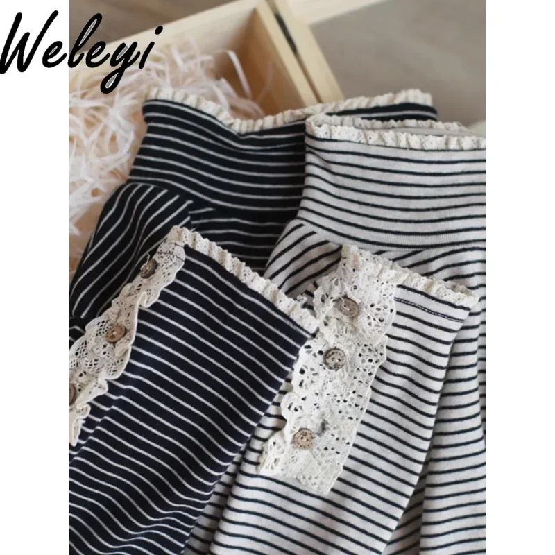 

Semi-turtleneck Horizontal Striped Cuffs Bottoming T Shirt Women Button Sticker Lace Color Matching Half Turtleneck Base Tee Top