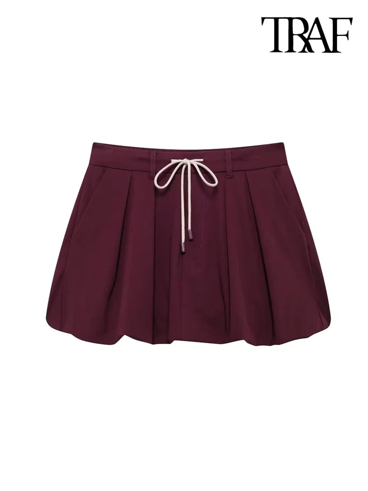 TRAF Women Fashion Side Pockets Balloon Mini Skirt Mid-waist Drawstrings Female Skirts Mujer