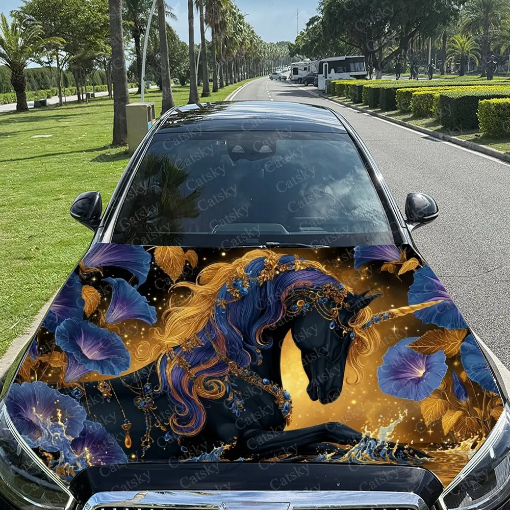 

Blossoms & Black Gold Unicorn Car Vinyl Wrap, PVC Material Waterproof Car Hood Sticker, Self-Adhesive Scratch-Resistant Stickers