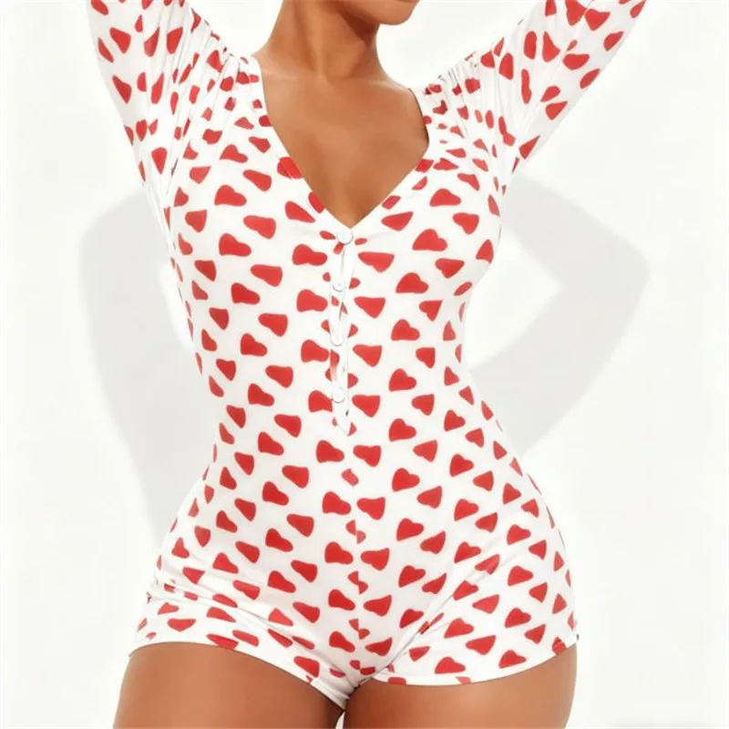 

Женский комбинезон с сердечком, шорты с V-образным вырезом и длинными рукавами на пуговицах, комбинезон для повседневной жизни и Дня святого Валентина