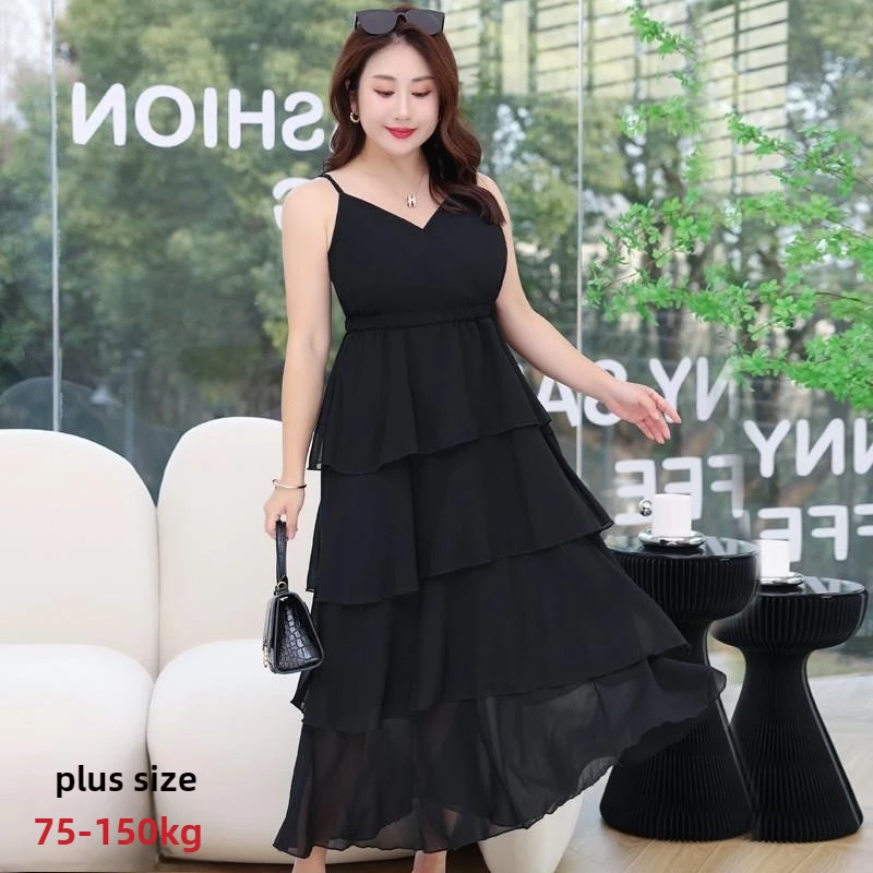 

6XL-8XL Parisian Black Slip Dress - Plus Size Tiered Ruffle Midi Cinched Waist Slimming Summer Dress Vacation Ready Ruffle Dress