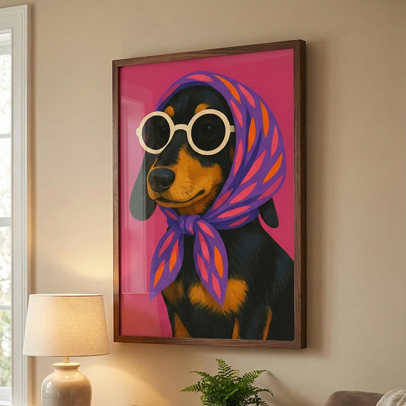 Funny Dog Carrying Square Scarves Poster Animal Wear Sunglasses Art Canvas Paintings Wall Murals Picture for Bedroom Bar Decor