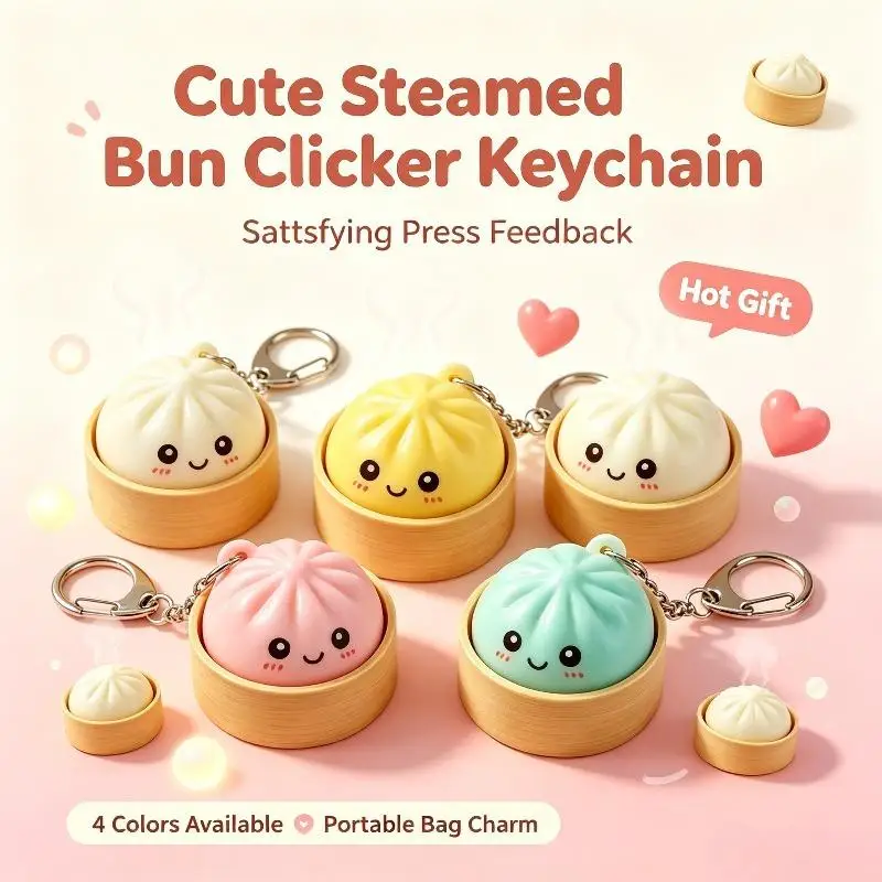 Simulation Steamed Bun Clicker Keychain Fidget Clicker Toy Cute Cartoon Food Bag Charm Ornament