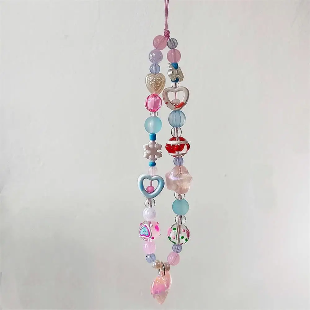 Korean Cute Pink Blue Love Heart Beaded Phone Chain Charm Lanyard For iPhone CCD Camera Decorated With Anti-Loss Lanyard