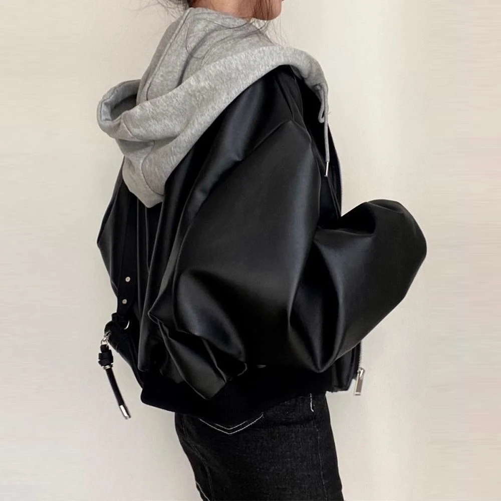 

Korean chic spring and autumn niche retro spiked double pocket casual loose and versatile fake two-piece hooded leather jacket