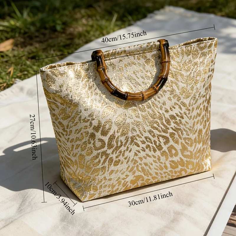 Women's Large Capacity Gold-Foil Leaf Tote Bag, Bamboo Handle Lightweight Luxury Vintage Shoulder Bag, Daily Commuting image 6