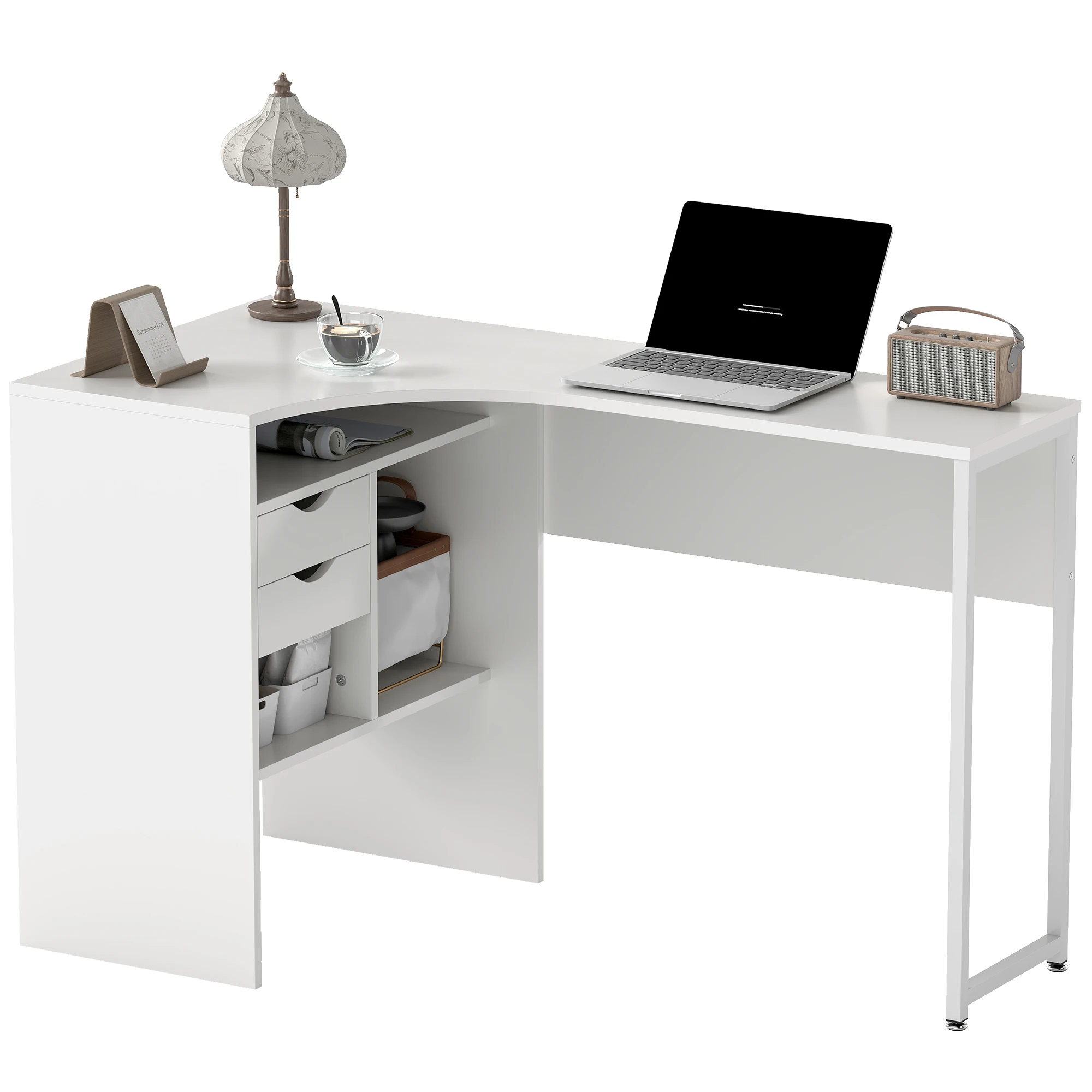 HOMCOM Bureau d'angle avec 2 tiroirs, 120 x 60 cm, bureau en L avec 3 compartiments ouverts, table informatique pour étudier, travailler, chambre, maison, blanc