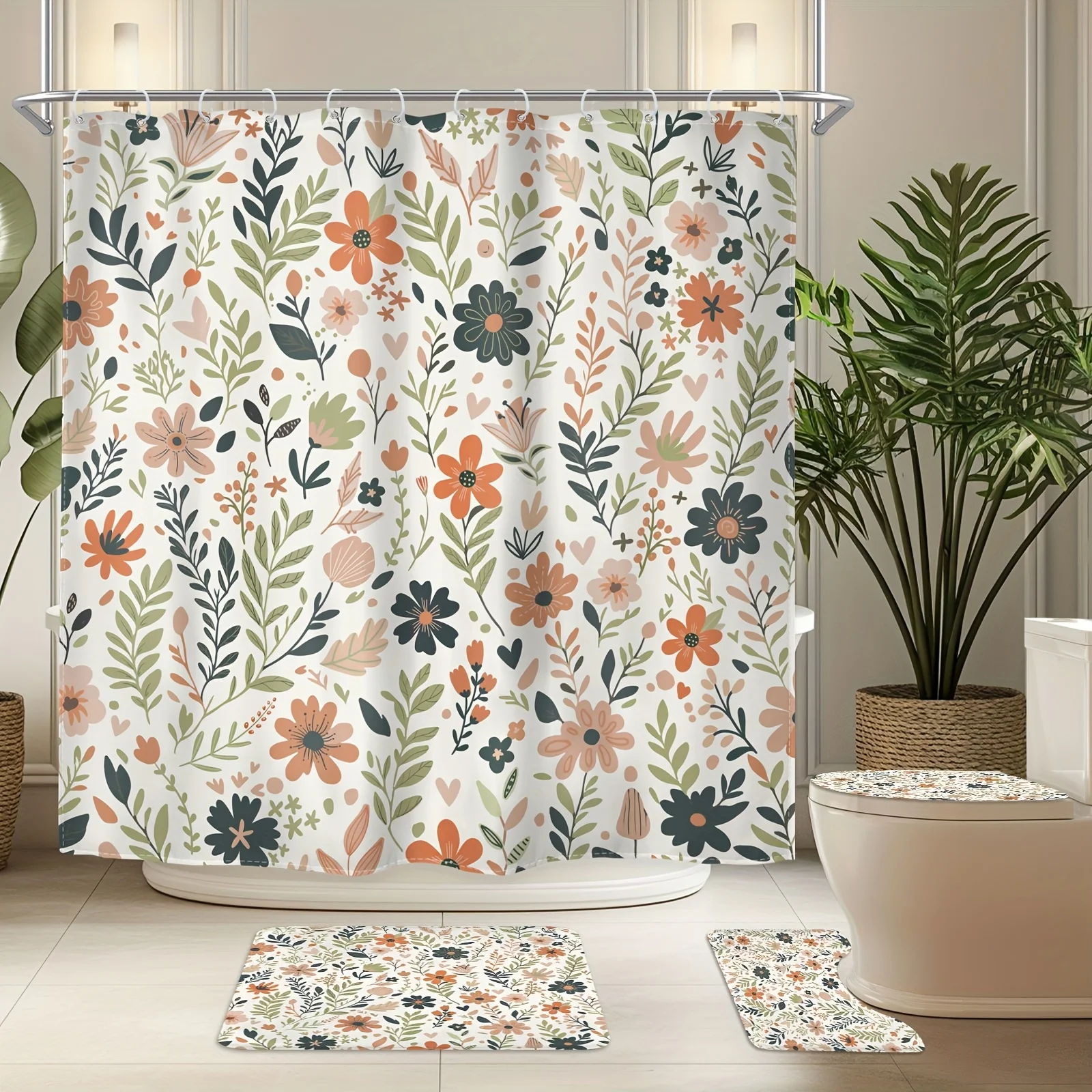 4pcs - Flower And Plant Shower Curtain Set, Including Shower Curtain With 12 Plastic Hooks, Bathroom Anti-slip, Toilet U-Shaped, Cover, Cute Farmhouse Flowers And Leaves Modern Plant Art Home Decor Accessories