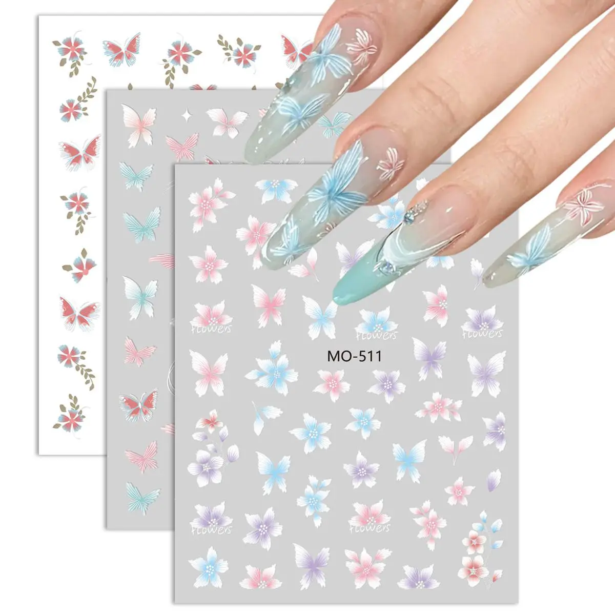 3-teiliges Nagelkunst-Aufkleber-Set mit Schmetterlingsblumen – selbstklebende Blumenaufkleber für selbstgemachte Maniküre, Frühlingspastell-Nageldekorationen