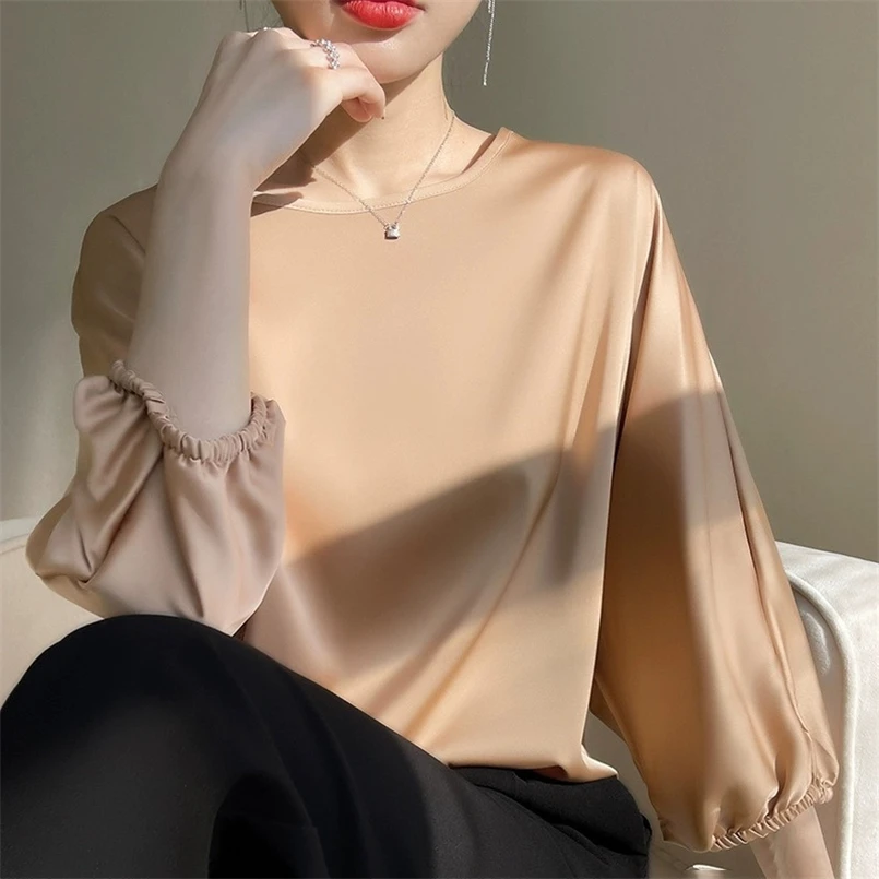 Satin Women\'s Solid Color Shirts 2024 Spring Autumn Raglan Sleeve Ladies Clothes Fashion Woman Blouses Basic Tops Female Shirts