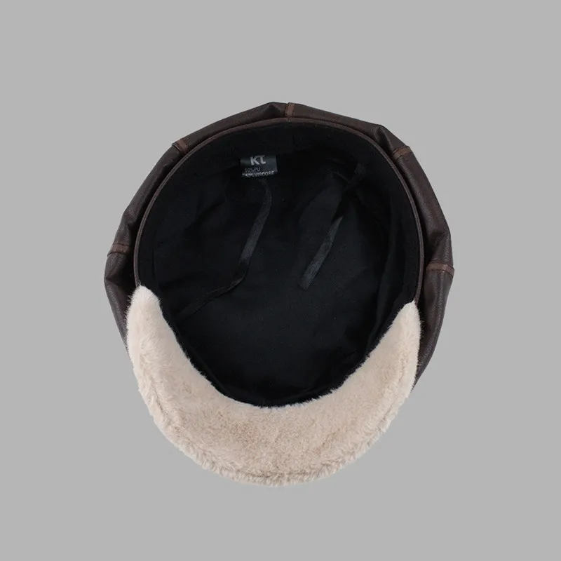 Vintage PU Leather Spliced Furry Newsboy Hat For Women Solid Color Casual All Matched Octagonal Leather Cap Winter Painter Beret