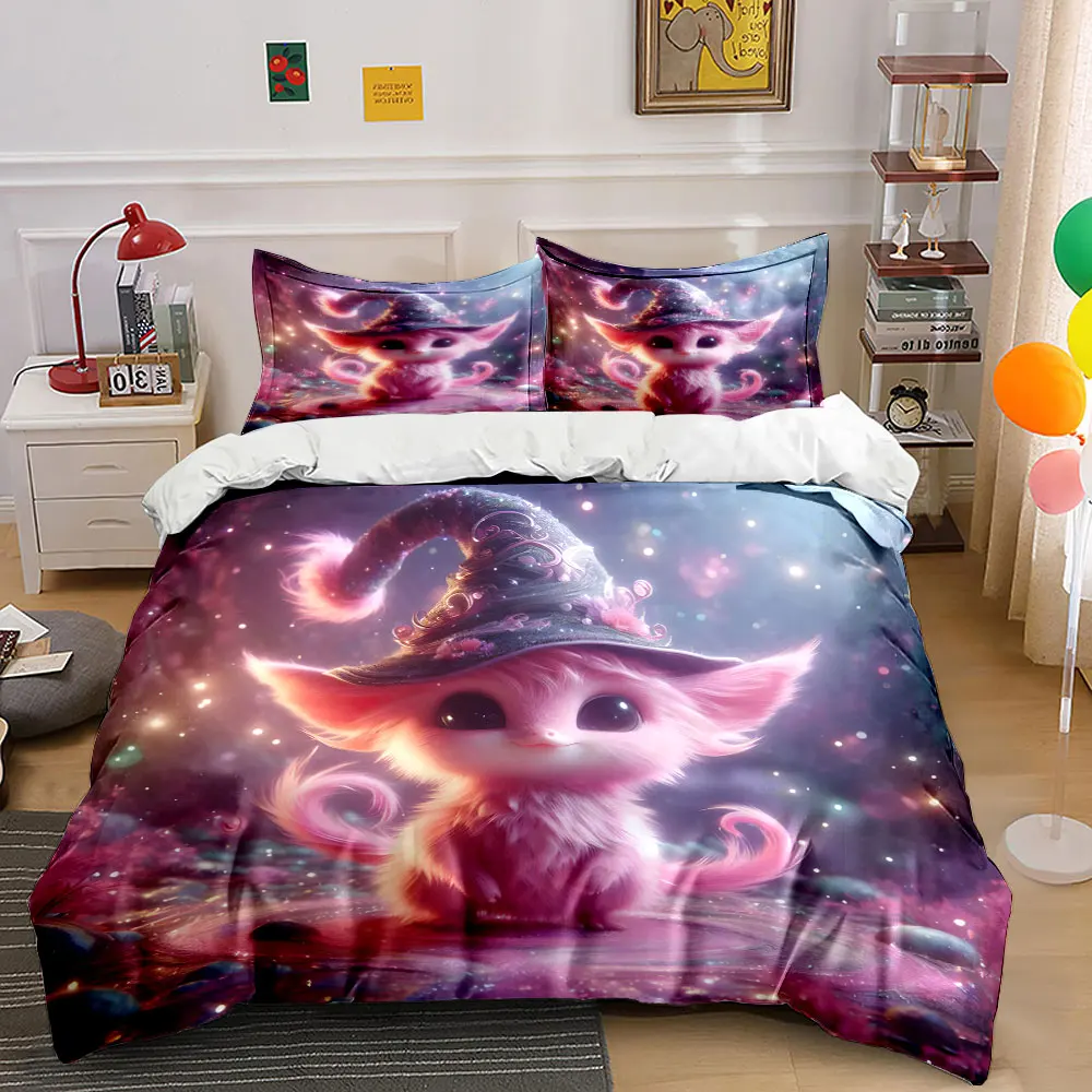 Dreamy pink creature with magical hat Print Bedding Set 1 Duvet Cover 2 Pillowcases for Adult and Children Luxury Gift