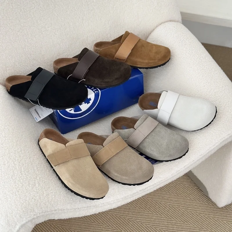 

Натуральные кожаные мюли с толстой пробковой подошвой и застежкой-липучкой, унисекс, для улицы, удобные, без задника, легко надеваемые