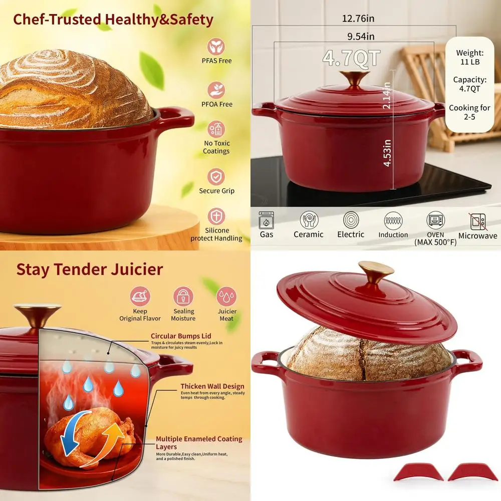 

Круглая эмалированная голландская духовка, 4,7QT, красная — безопасная в духовке, индукционная, совместима с выпечками хлеба, плечкой, обжаркой и тушельками